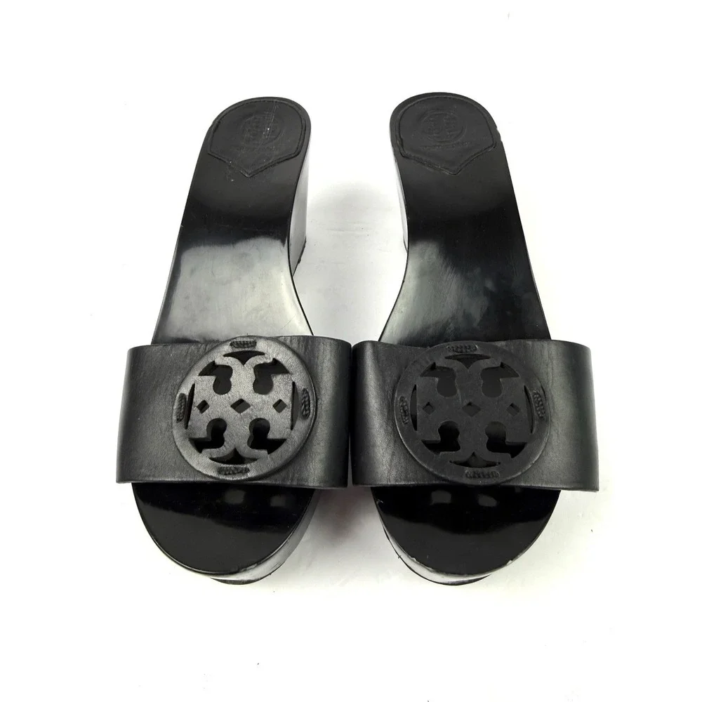 Tory Burch Miller Platform Sandal 8 Black Leather Slides Wood Heel Chic Designer